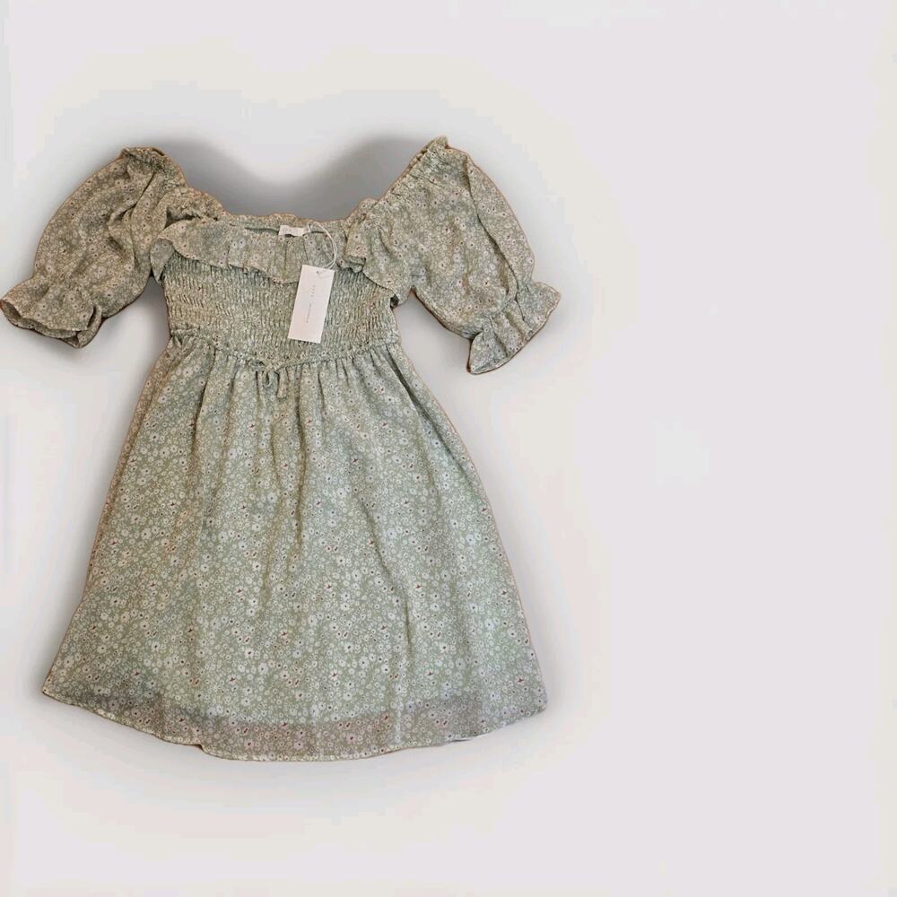 NWT Lush Floral Babydoll Mini Dress Puff Sleeve Sage Coquette Small NEW Smocked